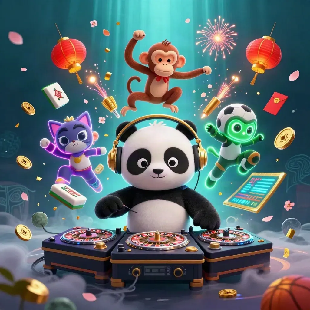 DJ panda, breakdancing monkey, and glow-stick kitten amid casino and festival effects