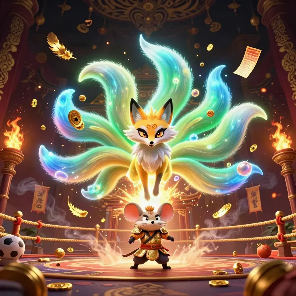 Neon fox spirit and armored mouse amid casino sports lights, coins, fire, and a glowing ball.