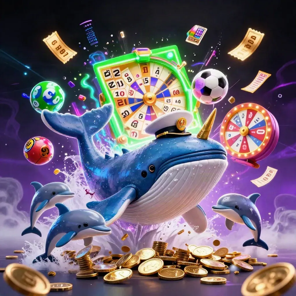 Whale captain, narwhal, and dolphins burst through coins amid neon casino effects.