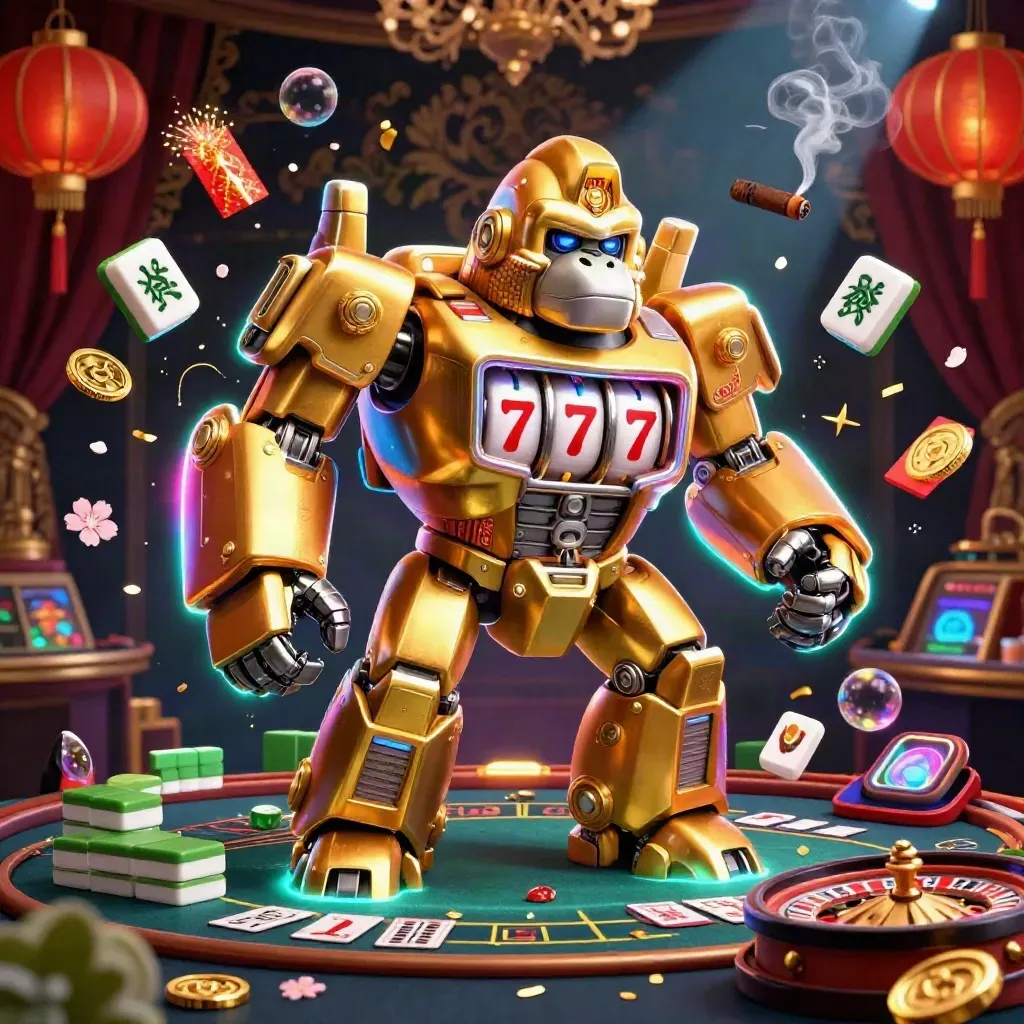 Golden gorilla mech with monkey pilot amid casino luxe, lanterns, coins, roulette, and glowing lights.