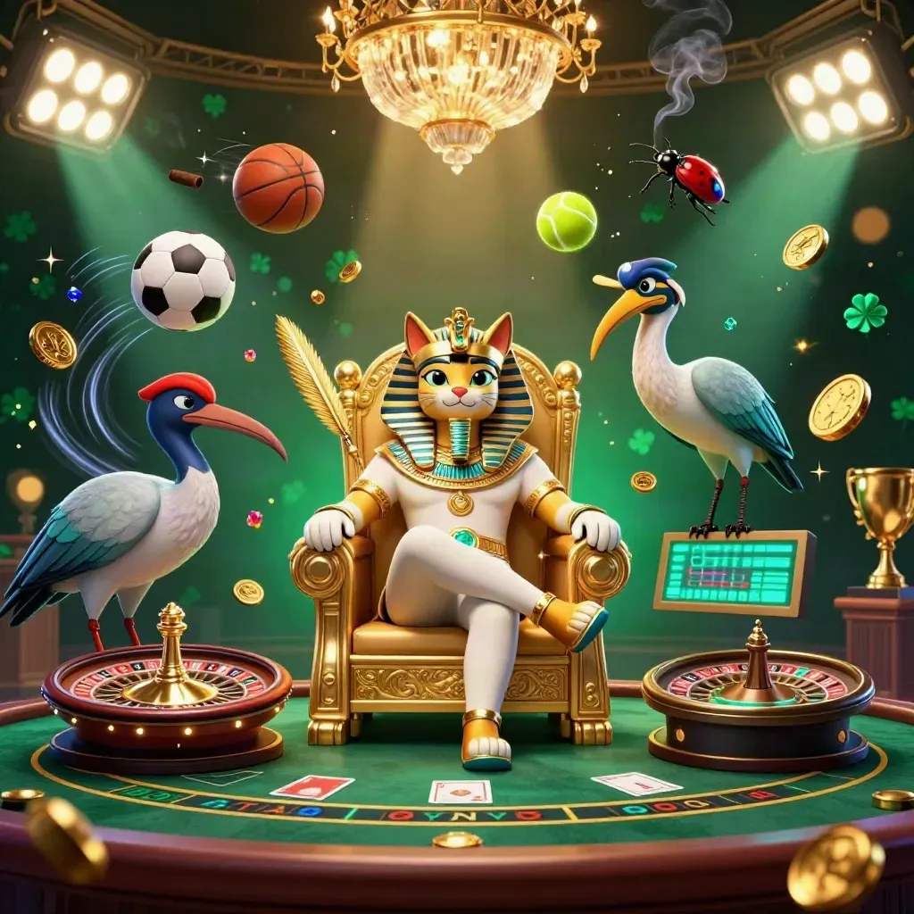 Pharaoh cat, ibis scribe, and scarab beetles in a glowing casino throne room with sports balls and gold