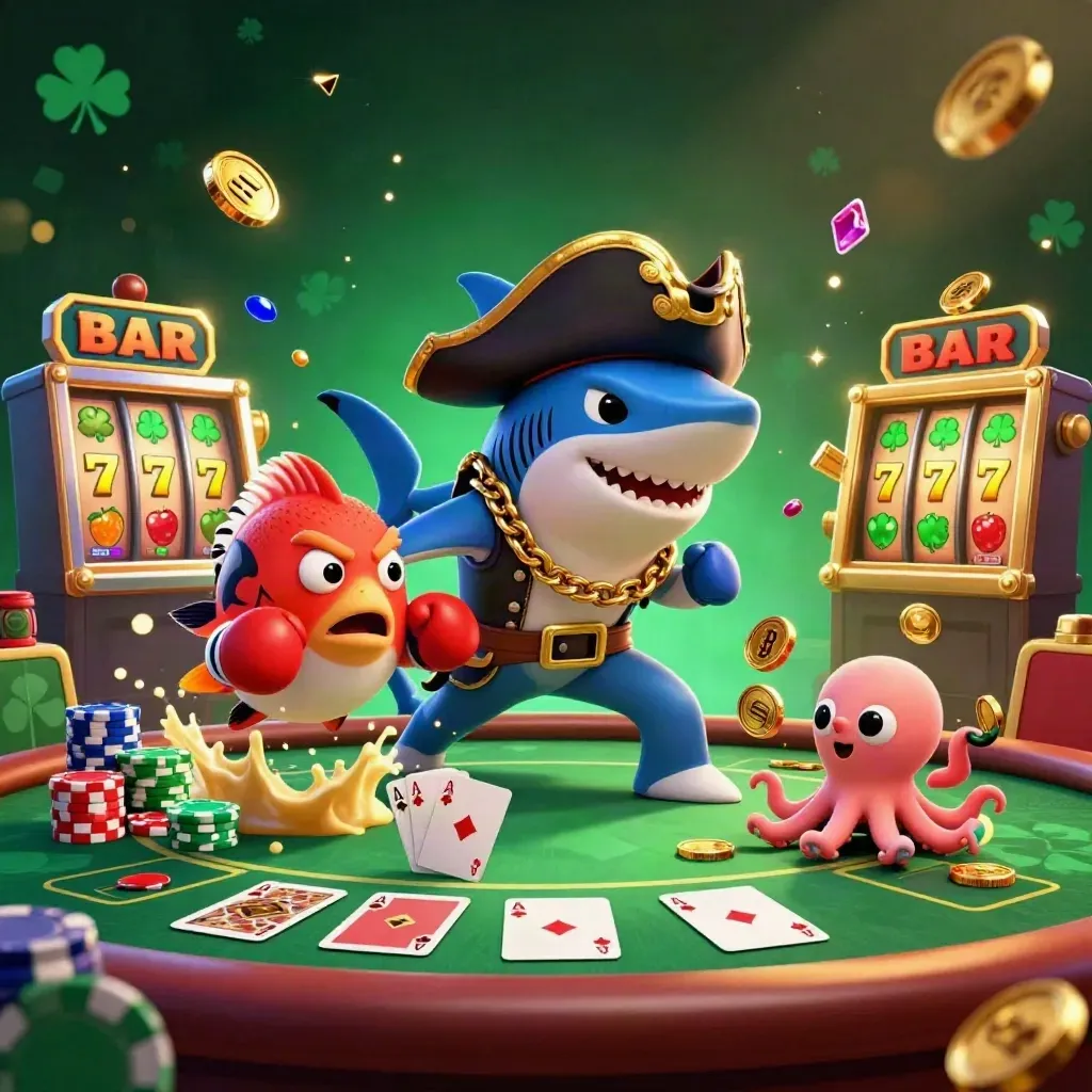 Pirate shark, boxing pufferfish, and juggling octopus amid casino chips, cards, and glowing treasure.
