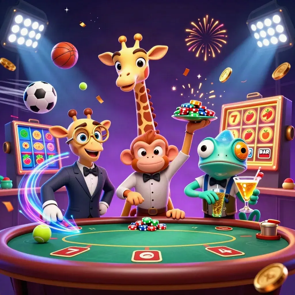 Giraffe, monkey, and chameleon at a VIP poker table amid sports balls, coins, and glowing casino effects.